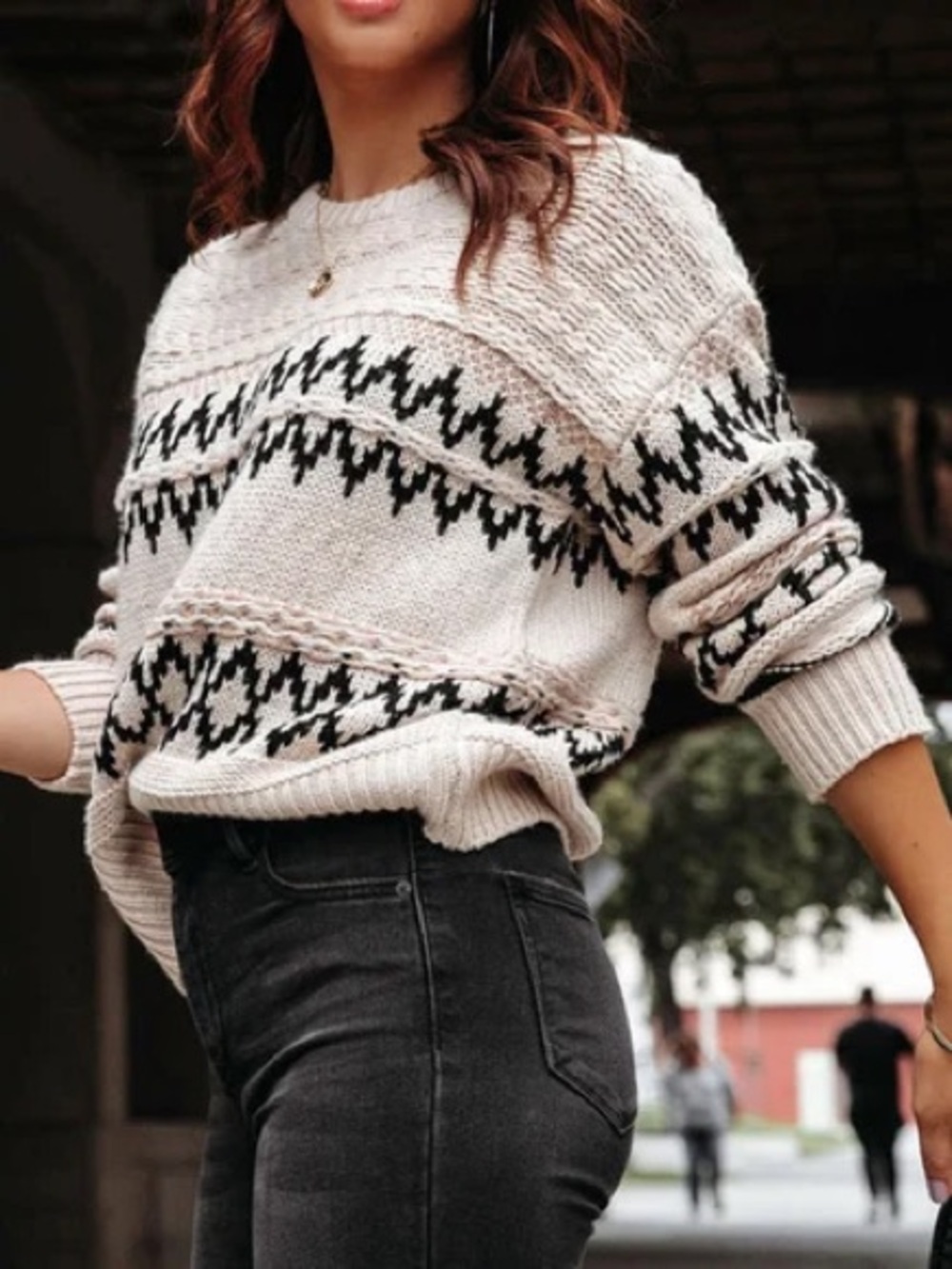 The Post Fair Isle Chunky Knit Oversized Sweater Cream Black, Size M